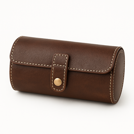 Brown genuine leather watch roll case with suede interior and three removable cushions — elegant cylindrical design for travel or display.