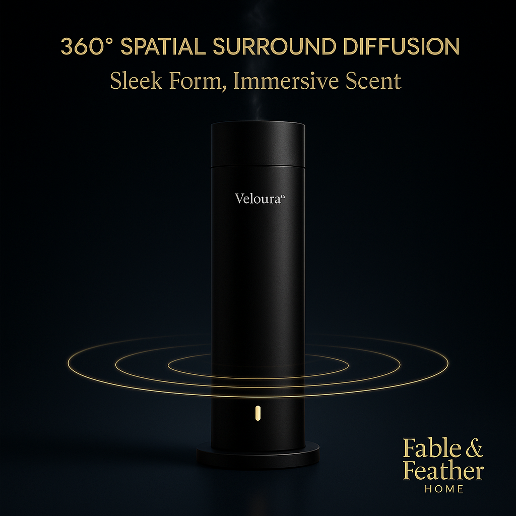Veloura cold-air diffuser with 360° spatial surround diffusion effect in dark luxury setting by Fable & Feather Home