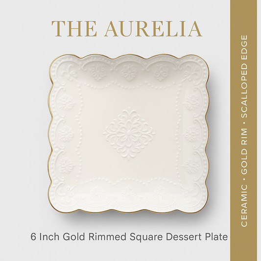 The Aurelia 6 Inch gold rimmed square dessert plate with scalloped edges and embossed detail.