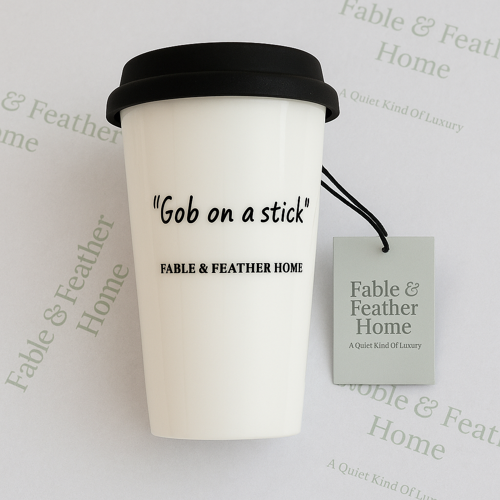 Funny ceramic travel mug with “Gob on a Stick” quote — cheeky British mug by Fable & Feather Home.