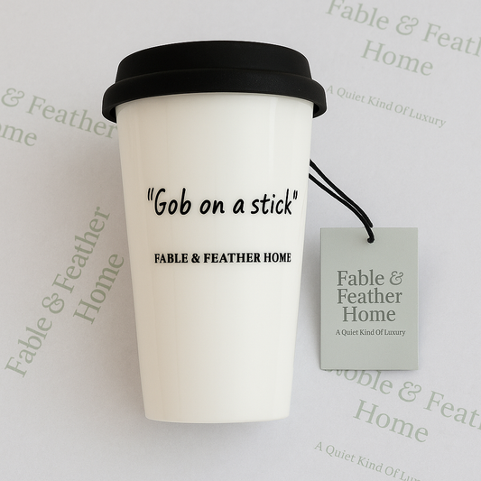Funny ceramic travel mug with “Gob on a Stick” quote — cheeky British mug by Fable & Feather Home.