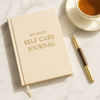 Almond-colored Daily Self-Care Journal with gold pen and coffee cup on marble – premium journal design.