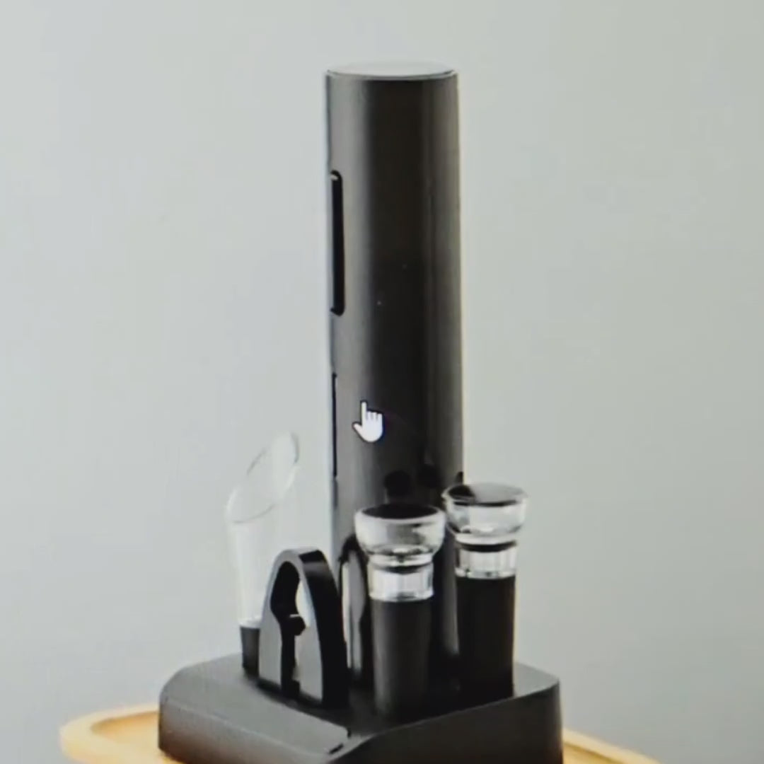 Video of Electric wine bottle opener in use on dining table, sleek modern design.