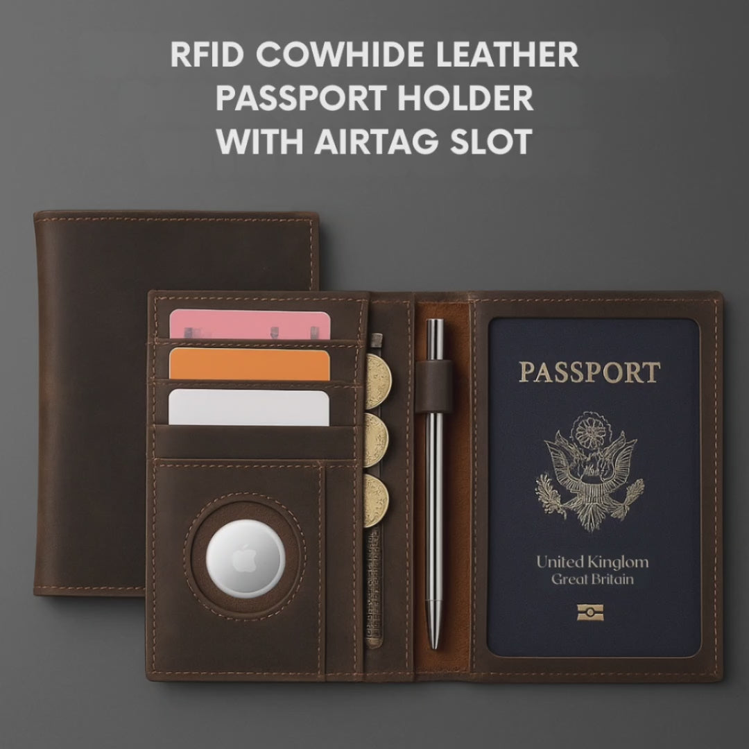 RFID Cowhide Leather Passport Holder with AirTag Slot – Travel Wallet.