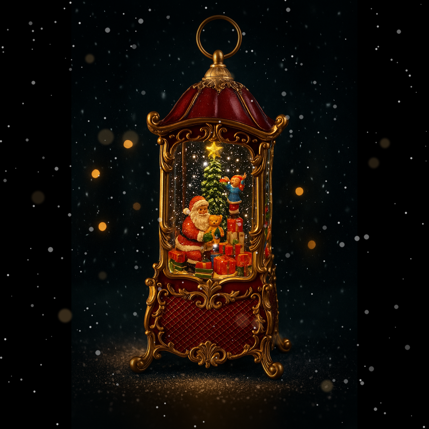 Santa lantern with teddy bear glowing at night, snowfall and twinkle lights.