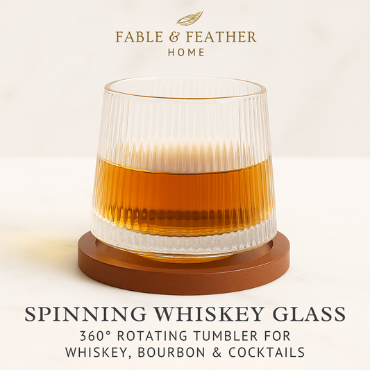 Luxury spinning whiskey glass on wooden coaster