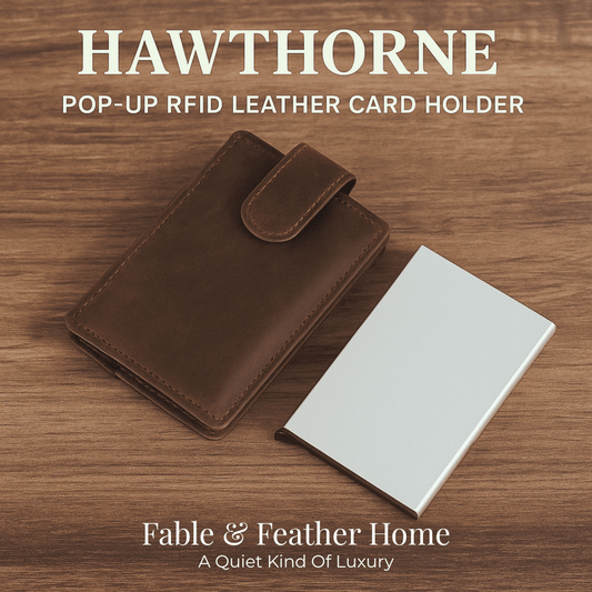 RFID leather card holder in slim minimalist wallet design, The Hawthorne pop-up card case for luxury essentials