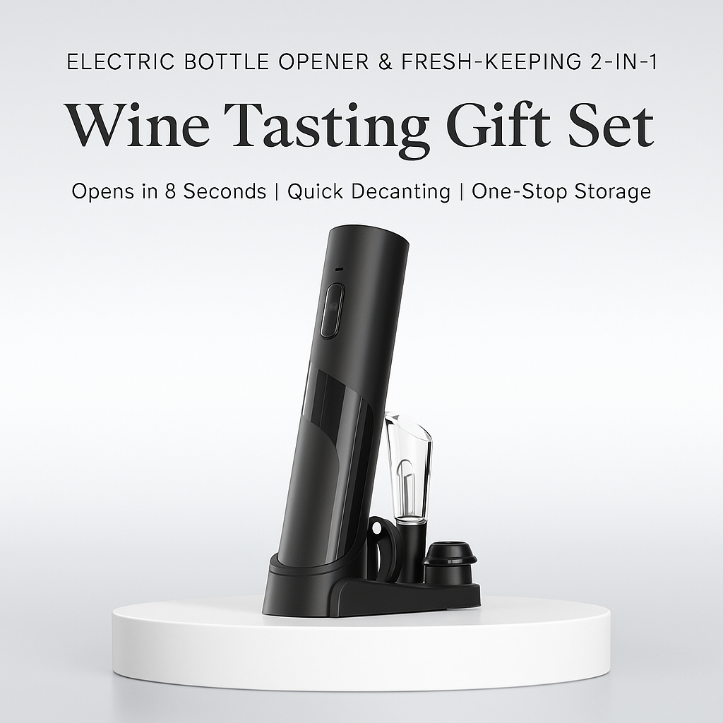 Luxury wine opener gift set with aerator and stopper, boxed for gifting.
