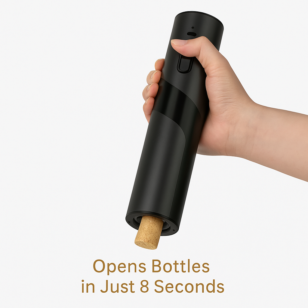 Cordless wine opener removes corks in just 8 seconds.