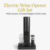 Electric wine opener gift set with aerator, vacuum stopper, and foil cutter.