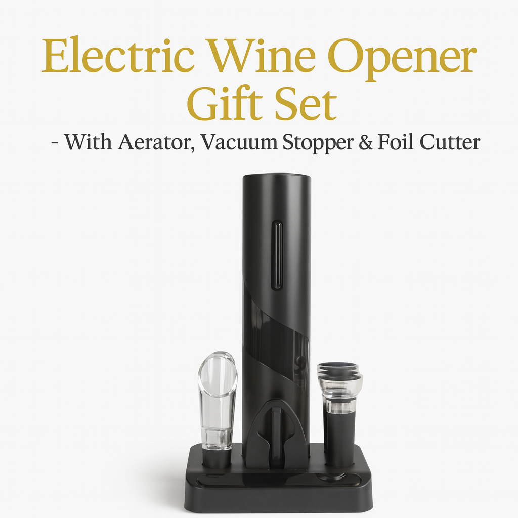 Electric wine opener gift set with aerator, vacuum stopper, and foil cutter.